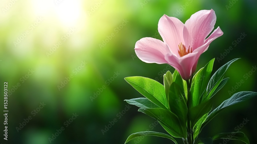 Fototapeta premium Beautiful pink lily flower with green leaves against a bright, blurred natural background