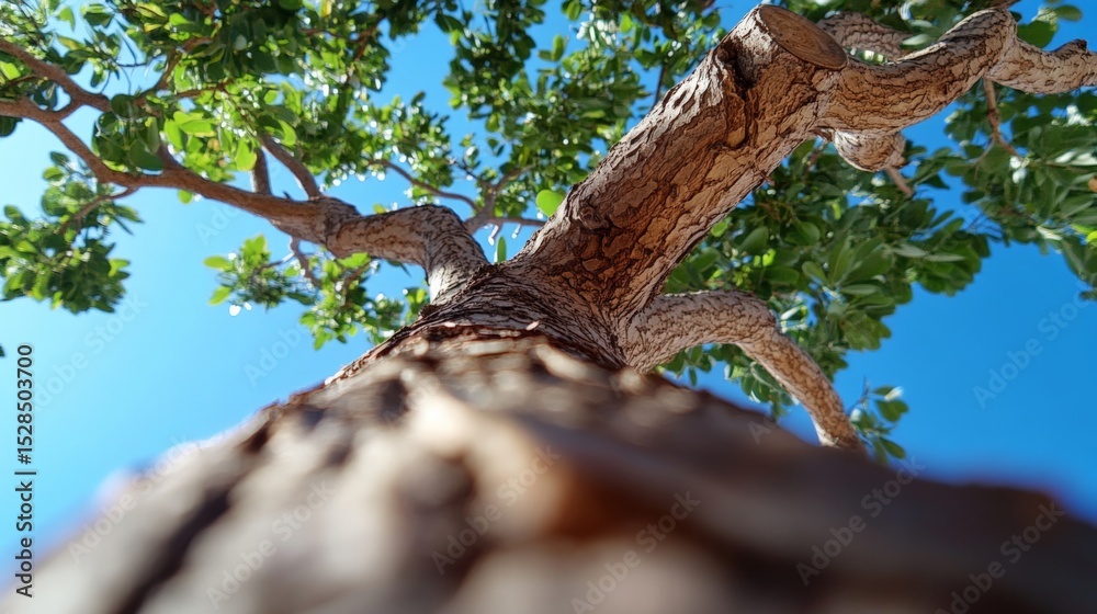 Fototapeta premium Low-angle view of a large tree with textured bark and lush green leaves against a bright blue sky