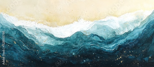 Fluid coastal artwork capturing a textured shoreline in serene teal hues