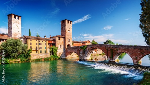 borghetto valeggio sul mincio verona italy traditional italian village with vintage colorful houses above river stone bridge and medieval gate tower among ancient architecture sunny summer day
