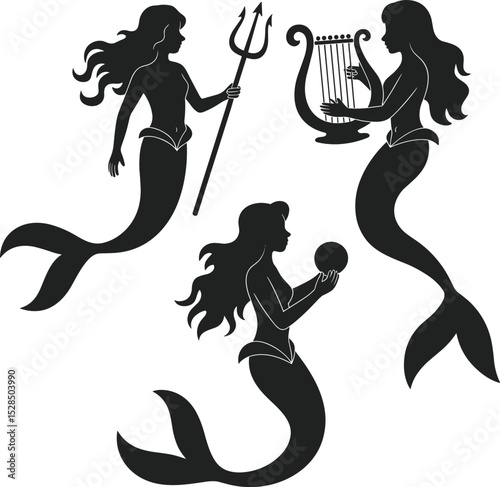 Mermaid Silhouette Illustration Set: Mythical Sea Creatures with Trident, Lyre, and Pearl