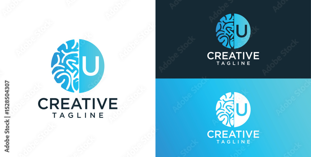 Fototapeta premium Brain Logo, combination of brain and initial letter U, flat design logo template, vector illustration