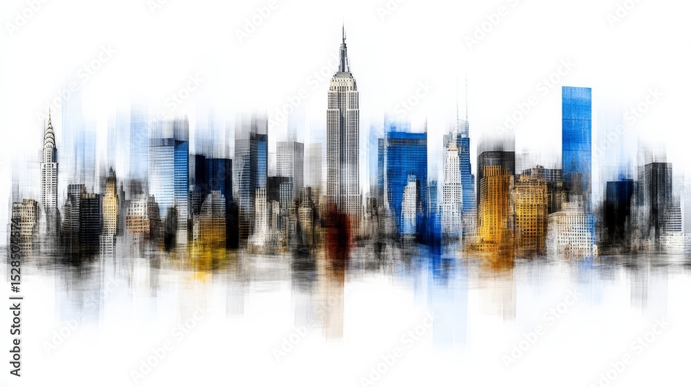 Naklejka premium Artistic watercolor-style illustration of a city skyline featuring iconic skyscrapers and buildings