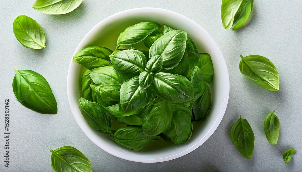 Fototapeta premium fresh basil leaves in a white bowl from above