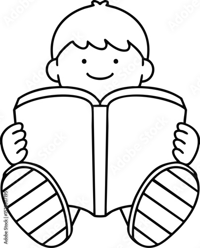 a boy who reads a book drawn in line drawing