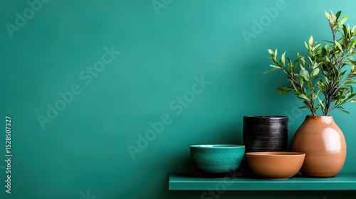 Wallpaper Mural An aesthetically pleasing display of minimalist decor featuring stylish bowls and a decorative plant against a teal background, perfect for modern interior design. Torontodigital.ca
