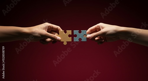 Connecting Puzzle Pieces: Two hands reach out, carefully aligning and fitting together puzzle pieces in this conceptual representation of teamwork and problem-solving.