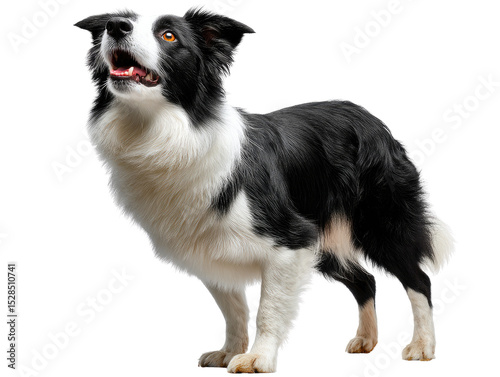 Alert Border Collie: A captivating black and white Border Collie dog stands alert, head tilted upwards, exuding intelligence and alertness, as it gazes up at an unseen point.