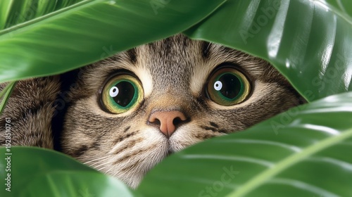 Curious cat peeking through large green leaves with wide eyes and alert expression photo