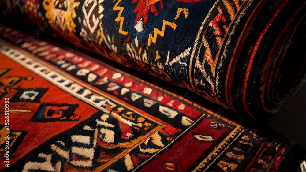 Close-up on rolled and unrolled handwoven area rugs with geometric designs and fringe, vivid colors, detailed patterns and textures.