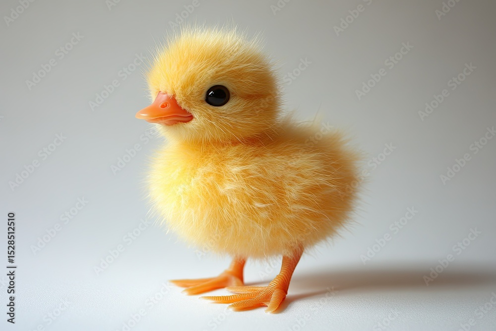 Fototapeta premium Adorable fluffy yellow duckling portrait, standing on a plain surface
