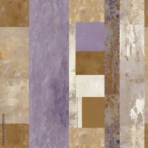Elegant minimalist collage blending Impressionist brush textures with flat modern shapes, in lavender, ivory, and muted ochre.