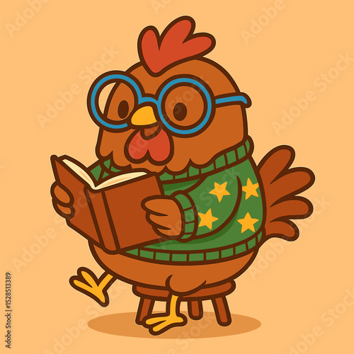 A funky cartoon chicken sitting on a tiny stool, reading a book, wearing big round blue glasses and a cozy green sweater with star patterns, set against a plain soft orange background.