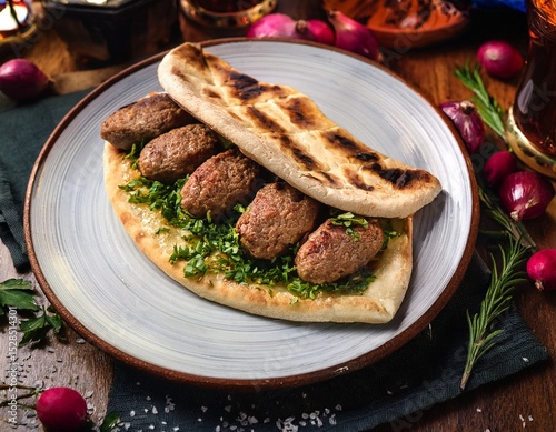 bosnian evapi grilled to perfection placed inside soft flatbread with a sprinkle of raw onion and herbs vibrant atmosphere reminiscent of sarajevo bazaar