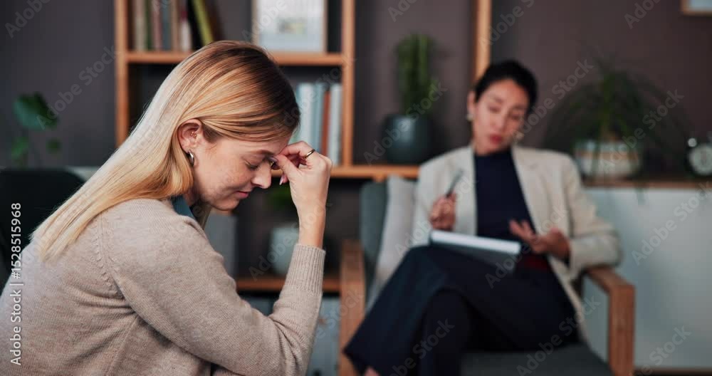Mental health, woman and talking to psychologist in therapy for anxiety, trauma or advice. Psychology, counseling session and doctor with patient in clinic for healing, assessment or wellness support