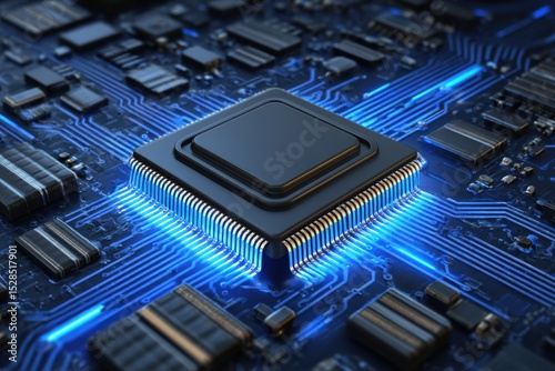 A computer chip is shown in a blue color