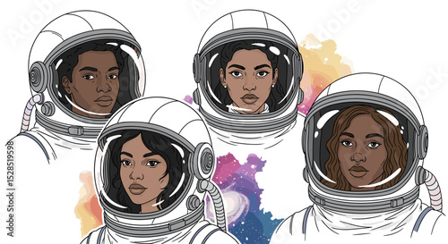 Diverse Female Astronauts Exploring Outer Space Together
