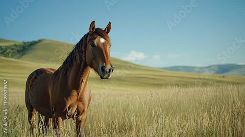 Chestnut Horse in Summer Field.