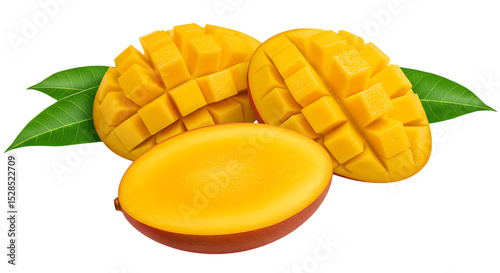 Ripe mango fruit slices with green leaves isolated on white background
