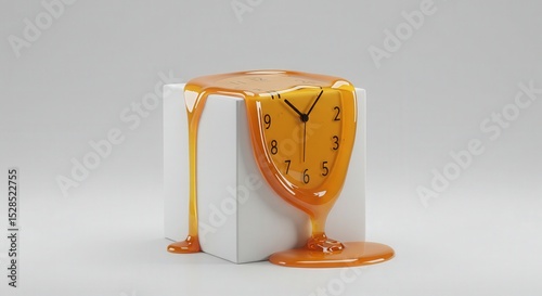 Melted clock with orange liquid flowing over white cube base  