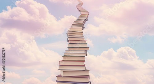 Stack of books forming a pathway in the clouds against a pastel sky  