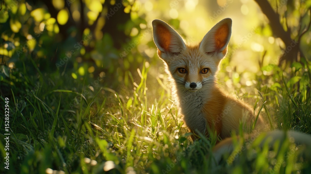 Fototapeta premium Fennec Fox Sunset Grassland Portrait.