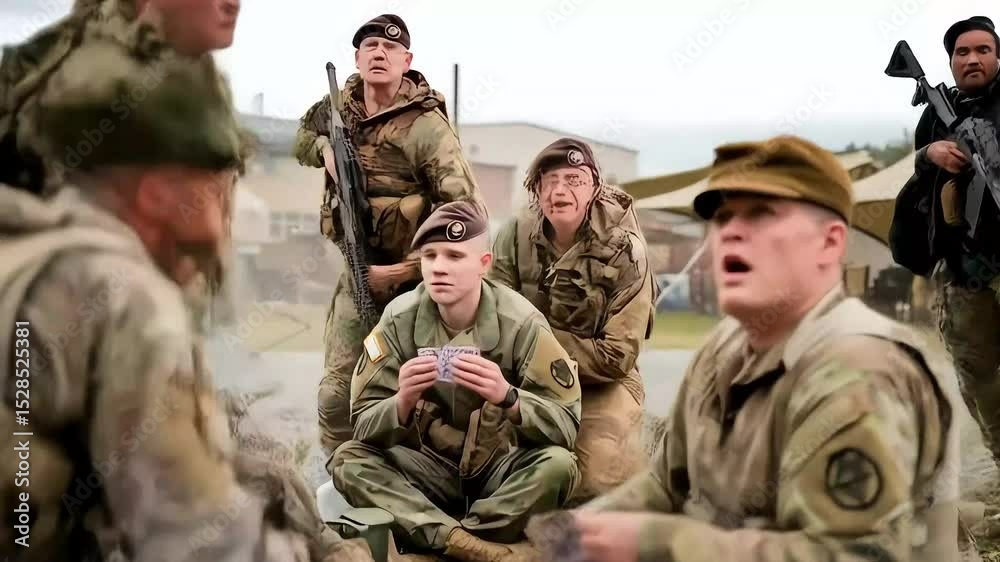 A group of soldiers in camouflage uniforms take a break at a military base, sitting together on the ground to play a card game