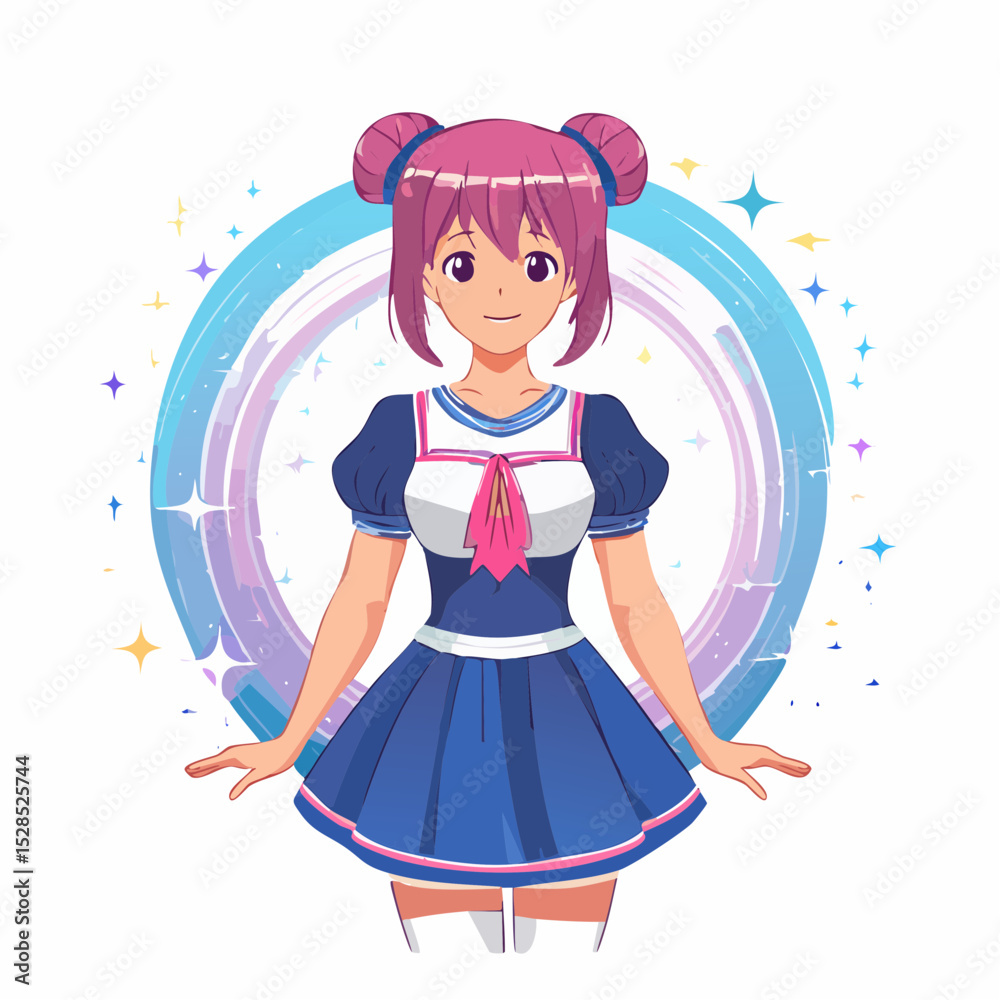 Fototapeta premium Anime-style magical girl transformation pose, sparkles and energy effects, vector flat colors, dynamic composition for t-shirt print