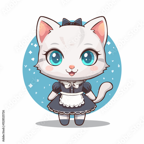 Cute anime cat girl in maid outfit, large expressive eyes, vector illustration, ideal for kawaii-themed t-shirts