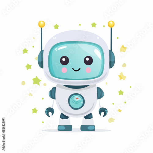 Kawaii-style robot character with round shapes and soft colors, vector illustration for cute graphic tees