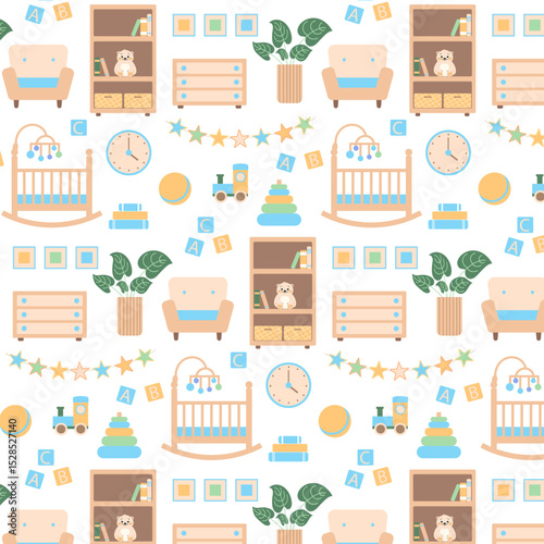 Seamless Kids Pattern with Toys, clock, plant, cot, shelf,  Books. Cute Baby Pattern with Train, Rainbow, Blocks, Ball. Whimsical Nursery Pattern. Vector Flat Illustrations