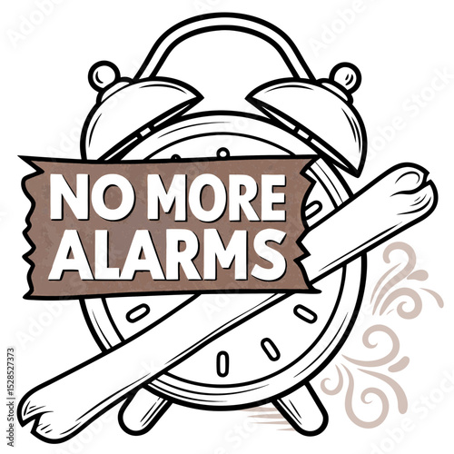 Alarm clock illustration with "No More Alarms" slogan