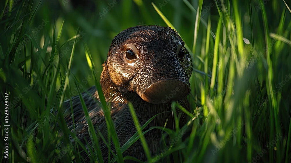 Fototapeta premium Platypus hiding in grass.