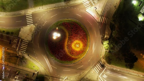 Aerial Hyperlapse of Yin Yang Shaped Roundabout at Night in Donwtown Curitiba - Brazil