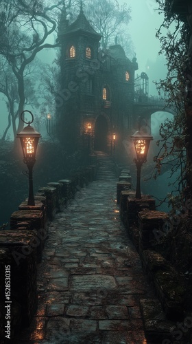 A mysterious, ancient stone bridge leads to a haunted castle on a misty night, illuminated by glowing lanterns, evoking a sense of fantasy and eerie beauty.