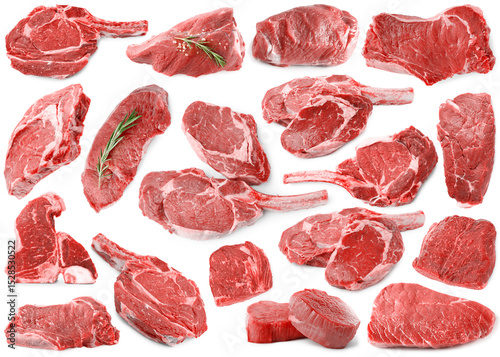 Pieces of raw beef meat isolated on white, collage photo