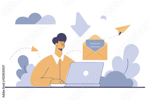A smiling man sits at a laptop, interacting with a large incoming email and surrounded by flying paper airplanes, symbolizing email communication.