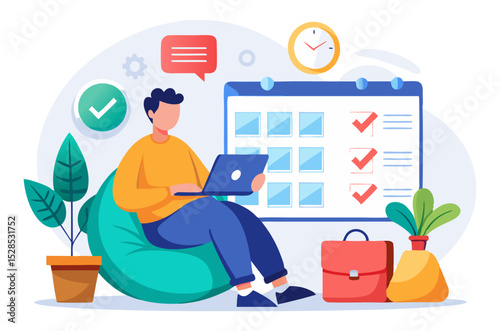 A person sits on a beanbag chair, working on a laptop, with a large calendar and productivity icons in the background, symbolizing efficient remote work or task management.