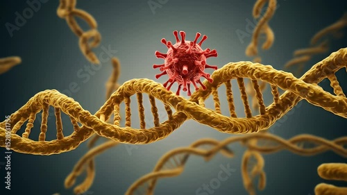 Virus Chromosome and Red Virus Particle Interacting with DNA Helix in Medical Setting
