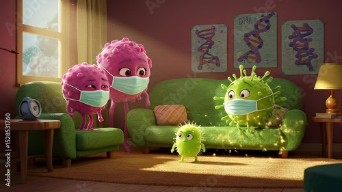 Virus Chromosome Cartoon Characters Sitting on Sofa Representing Friendly Virus Concept