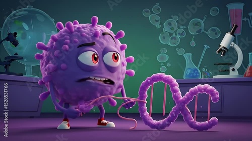 Virus Chromosome Angry Purple Microbe Holding DNA Strand in Lab Setting