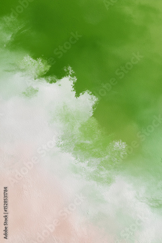 Abstract painting with vibrant green and soft pink tones showcasing a natural landscape feeling
