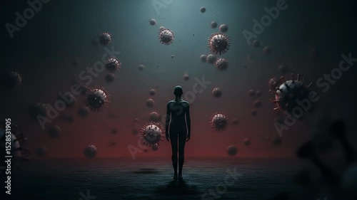 Virus Chromosome Human Figure Standing Alone Amid Floating Virus Cells in Dark Atmosphere