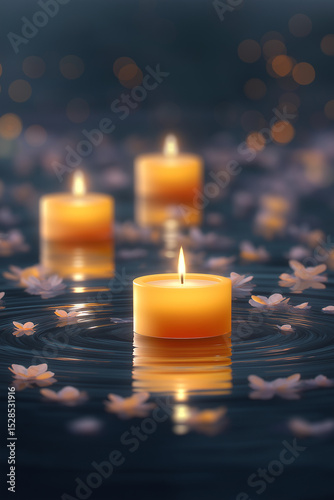 Mood lighting from floating candles amidst flower petals on a calm water surface at night creates a serene atmosphere for relaxation