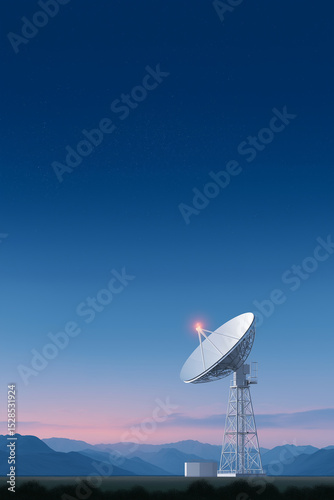 Satellite dish stands tall against twilight sky in remote mountain location