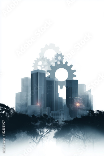 Futuristic cityscape with gears symbolizing industry and innovation during twilight hours