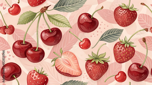 Seamless vector illustration of cherry, strawberry, red, pastel red background.