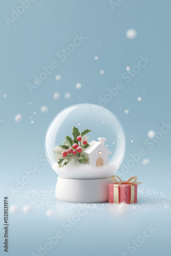 Snow globe featuring a small white house and red gift box with decorative bows during winter