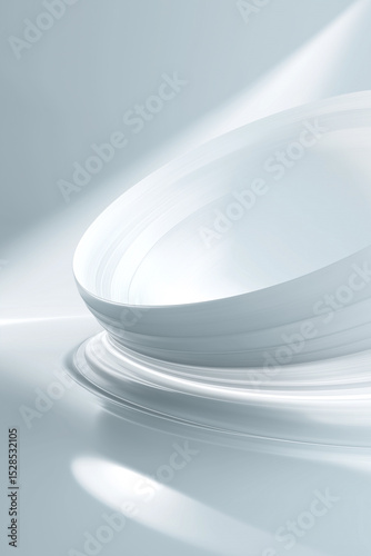 Smooth curves of a minimalist white ceramic bowl on a reflective surface creating a serene and modern atmosphere