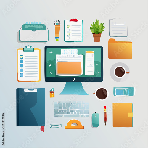 A flat lay of colorful folders, icons, and reminders, arranged neatly on a smooth pale desktop.